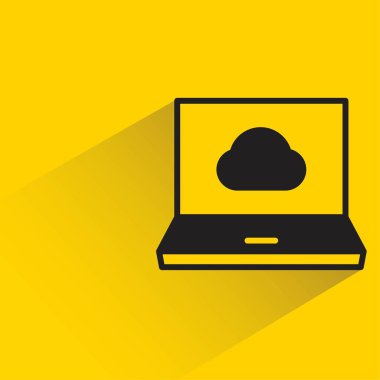sarı arkaplanda dizüstü bilgisayar ve bulut simgesi