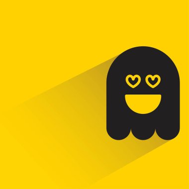Sarı arka planda gölgesi olan sevimli hayalet emojisi.