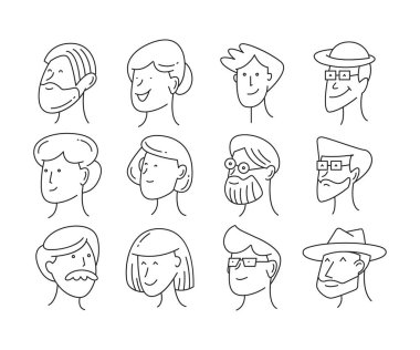 Erkek ve dişi avatarlar karalama çizim vektörü kümesi
