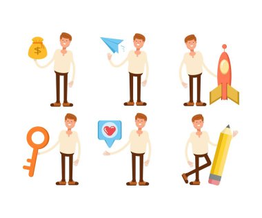 Çeşitli pozlardaki erkek karakterler vektör illüstrasyonu