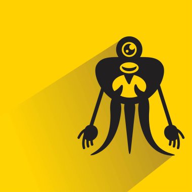 Sarı arka planda gölgesi olan sevimli canavar karakter.