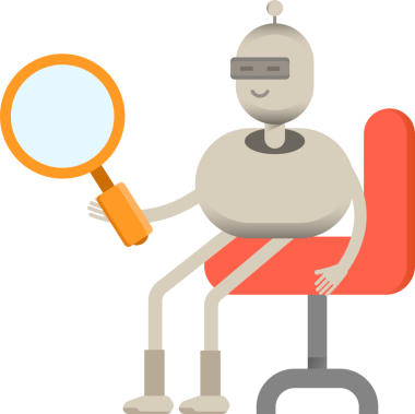 Robot Karakteri Oturan ve Tutan Büyüteç