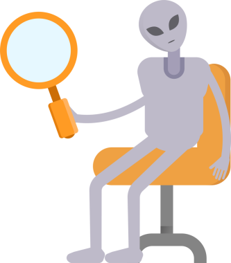 Uzaylı Karakteri Oturan ve Tutan Büyüteç