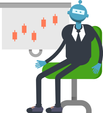 Robot İşçi Karakteri Sunar Candlestick Çizelgesi