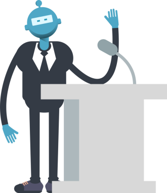 Robot İşçi Karakteri Kürsüde Konuşuyor