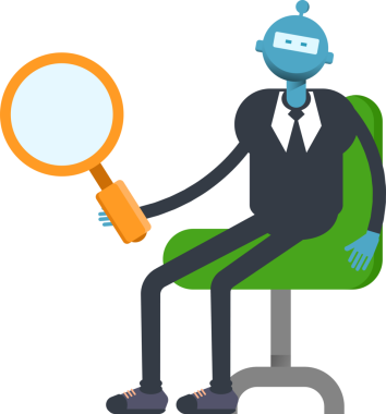 Robot İşçi Karakteri Oturma ve Tutma Büyüteci