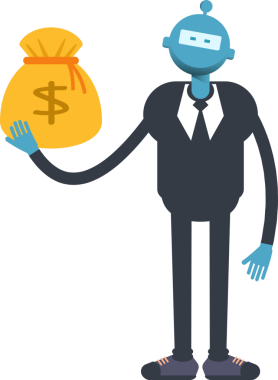 Robot İşçi Karakteri Dolar Çuvalı Tutuyor