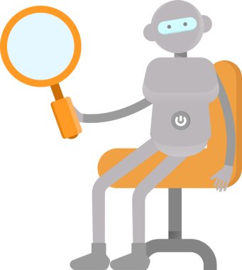 İnsansı Robot Karakteri Oturan ve Tutan Büyüteç