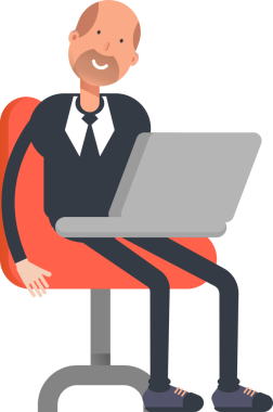 Eski İşadamı Karakteri Dizüstü bilgisayarda çalışıyor