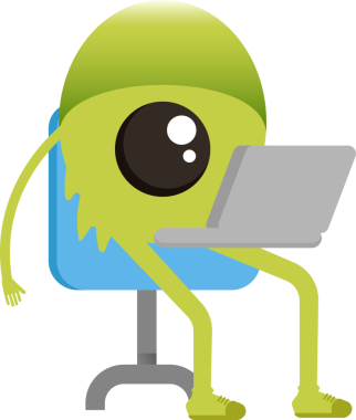 Dizüstü bilgisayarda çalışan Sevimli Canavar Karakteri