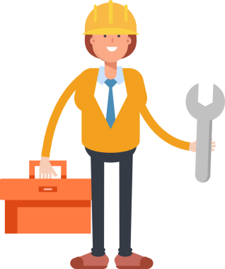 Kadın Mühendis Karakteri Araç Kutusu ve Anahtarı Tutuyor