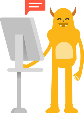 Bilgisayar üzerinde çalışan Sevimli Canavar Karakteri