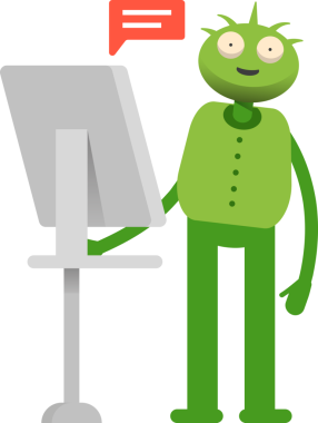 Bilgisayar üzerinde çalışan Sevimli Canavar Karakteri