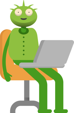 Dizüstü bilgisayarda çalışan Sevimli Canavar Karakteri