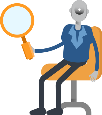 Robot Çalışan Karakteri Oturan ve Tutan Büyüteç