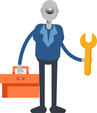 Robot Çalışan Karakteri Araç Kutusu ve Anahtarı Tutuyor