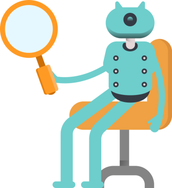 Robot Karakteri Oturan ve Tutan Büyüteç