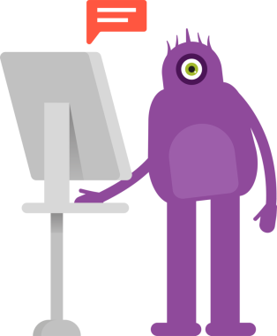 Bilgisayar üzerinde çalışan Sevimli Canavar Karakteri