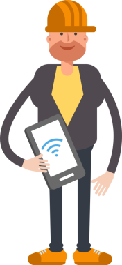 Erkek Mühendis Karakteri Akıllı Telefonu Tutuyor