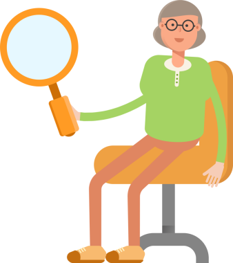 Oturan ve Tutan Yaşlı Kadın Karakteri Büyüteci