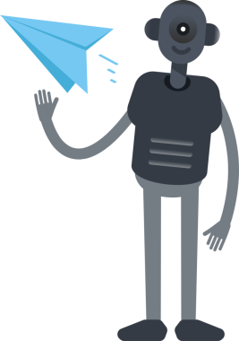 İnsansı Robot Karakteri Kağıt Uçak Tutuyor