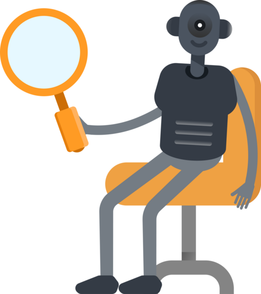 İnsansı Robot Karakteri Oturan ve Tutan Büyüteç