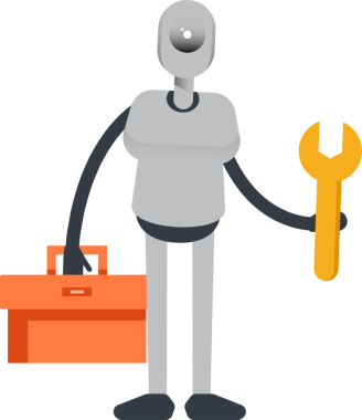 İnsansı Robot Karakteri Araç Kutusu ve Anahtarı Tutuyor