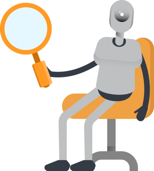 İnsansı Robot Karakteri Oturan ve Tutan Büyüteç