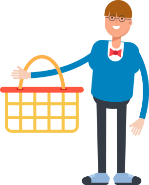 Bowtie Suit Karakteri olan çocuk alışveriş sepetini tutuyor.