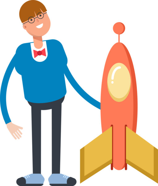 Bowtie Suit Karakteri ve Roketi olan çocuk.