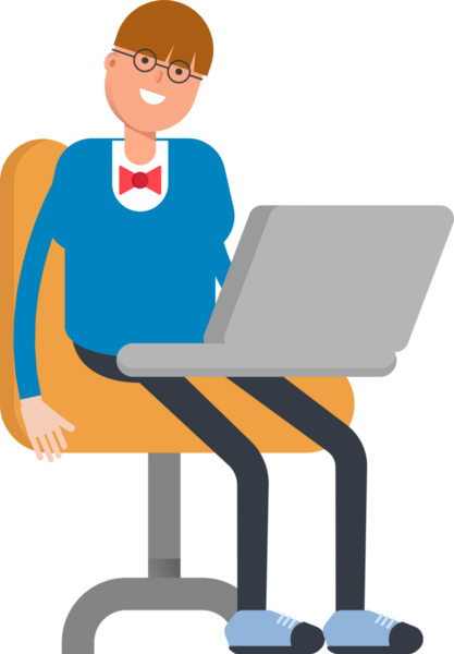 Bowtie Suit Karakteri olan çocuk laptopta çalışıyor.