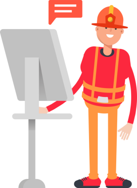 İtfaiyeci Karakteri Bilgisayar Üzerinde Çalışıyor