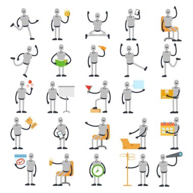 Farklı pozlarda ayarlanmış insansı robot karakterler