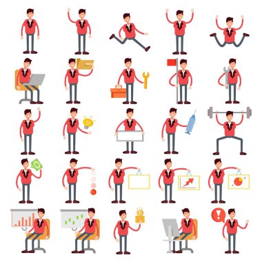 Kırmızı elbiseli erkek farklı pozlardaki karakterler.