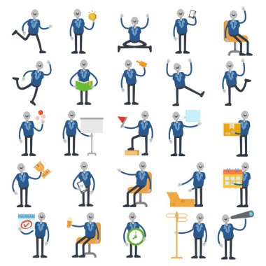 Farklı pozlarda ayarlanmış insansı robot karakterler