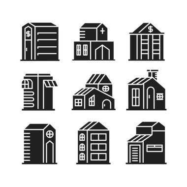 ofis, daire ve ev inşa simgeleri ayarlandı