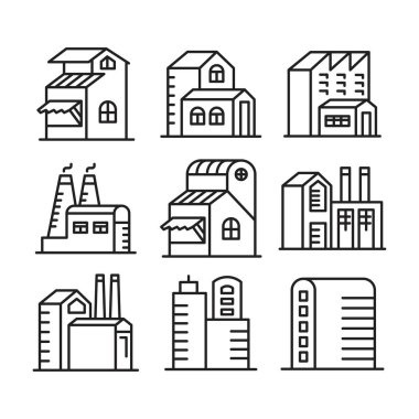 ev yapımı ve yapı kulesi simgeleri vektör illüstrasyonunu ayarlayın