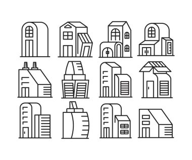 ev yapımı ve yapı kulesi simgeleri vektör illüstrasyonunu ayarlayın