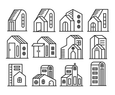 ev yapımı ve yapı kulesi simgeleri vektör illüstrasyonunu ayarlayın