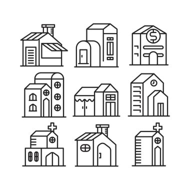 ev yapımı ve yapı kulesi simgeleri vektör illüstrasyonunu ayarlayın