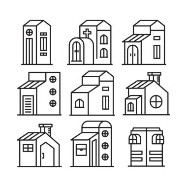 ev yapımı ve yapı kulesi simgeleri vektör illüstrasyonunu ayarlayın