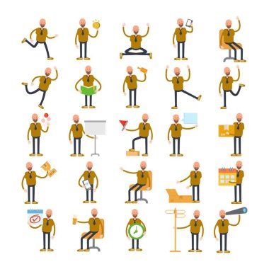 Çeşitli pozlarda ayarlanmış kel iş adamları.