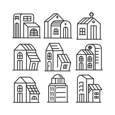 ev yapımı ve yapı kulesi simgeleri vektör illüstrasyonunu ayarlayın