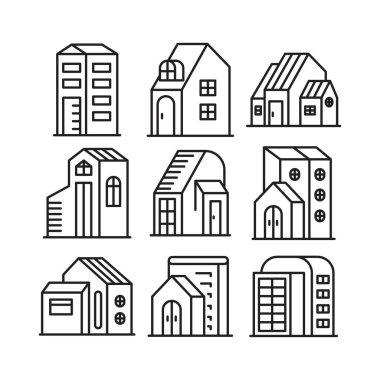 ev yapımı ve yapı kulesi simgeleri vektör illüstrasyonunu ayarlayın