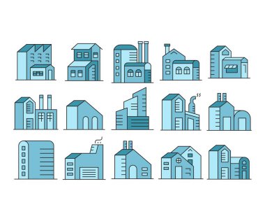 ev yapımı ve fabrika inşa simgeleri vektör illüstrasyonunu ayarladı