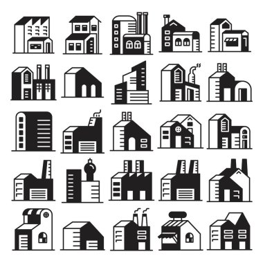 ev, fabrika binası ve yapı simgeleri çizim seti