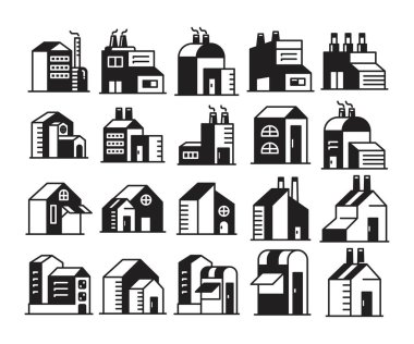 ev, fabrika binası ve yapı simgeleri çizim seti