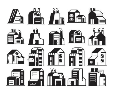 ev, fabrika binası ve yapı simgeleri çizim seti
