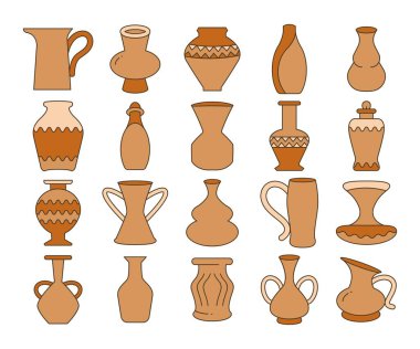 antik vazo, kavanoz ve çömlek simgeleri vektör illüstrasyonunu ayarlar