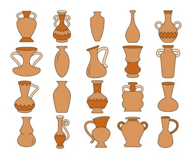 antik vazo, kavanoz ve çömlek simgeleri vektör illüstrasyonunu ayarlar